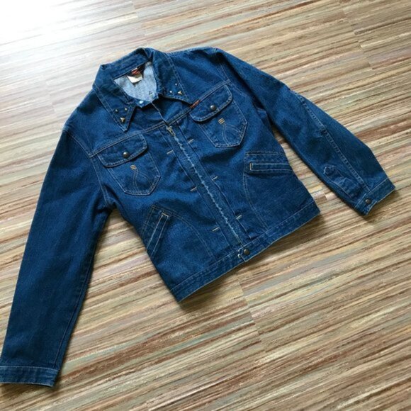 Three Bars Denim Jean Zip Front Jacket Gold Stud Detail Vintage Made in Canada - Picture 3 of 10